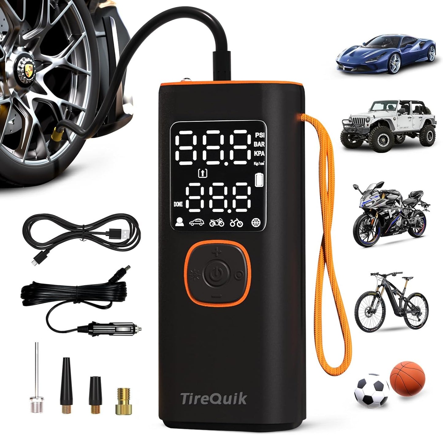 TireQuik Portable Air Compressor - 20000mAh Dual Power, 150PSI - Rapid Inflation & Illumination