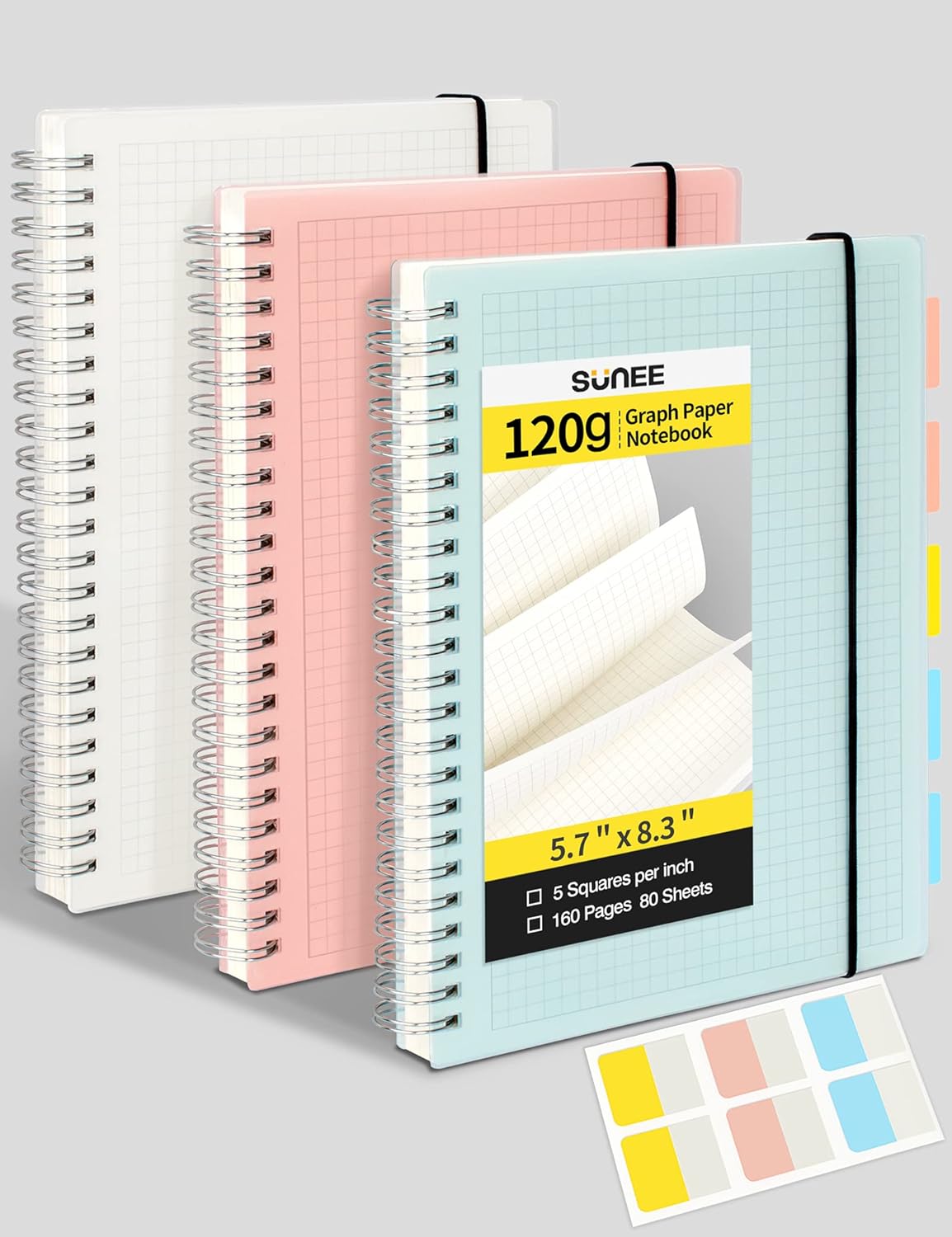 SUNEE Graph Paper Notebook 3-Pack - Grid Ruled, Thick 120gsm Paper, 80 Sheets