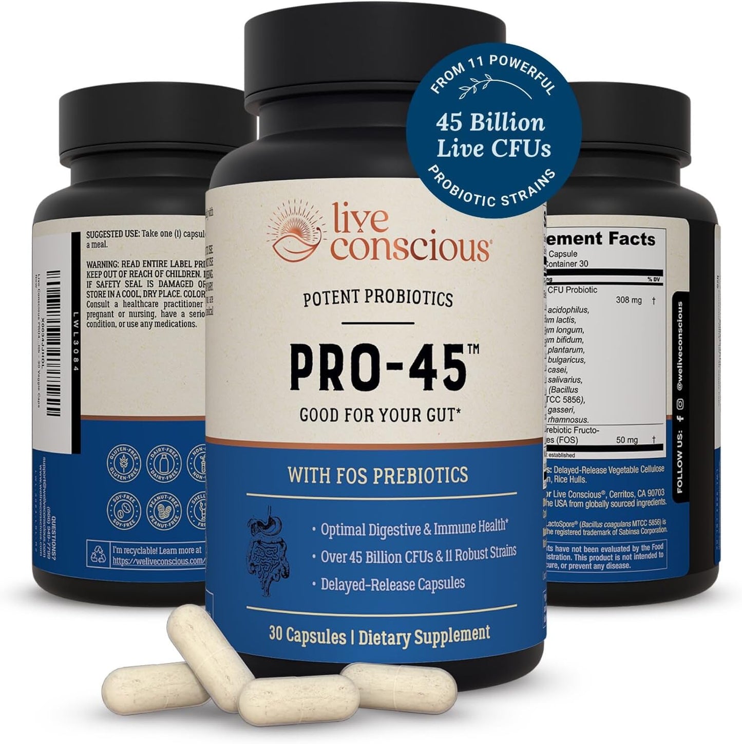 Live Conscious PRO45 Probiotics for Women & Men - 45 Billion CFU