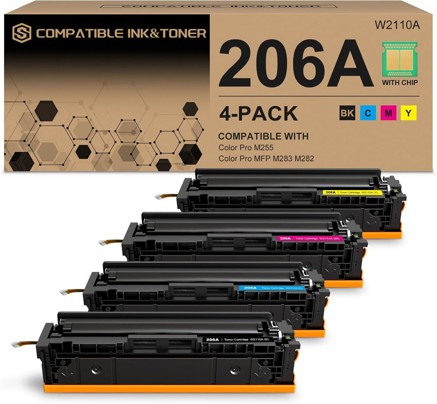 206A Toner Cartridges 4 Pack with Chip for HP Printers