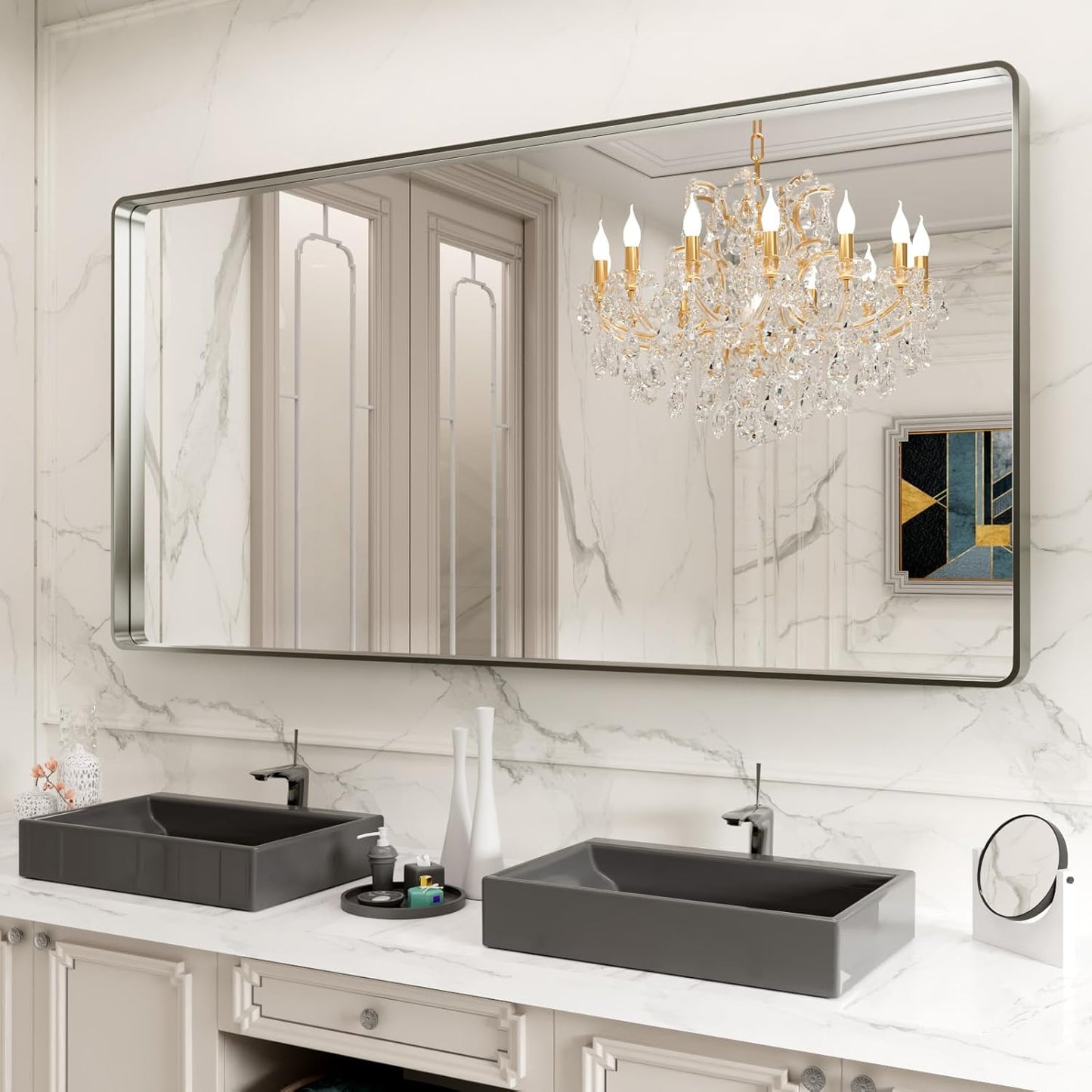 Brushed Nickel Bathroom Mirror with Rounded Rectangle Design