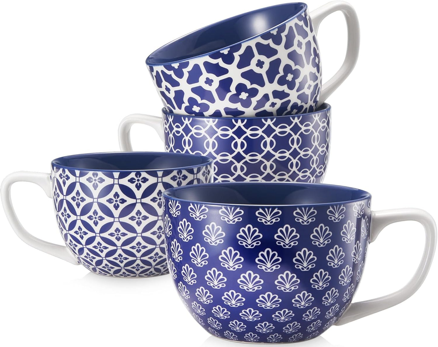 DOWAN Jumbo Coffee Mugs Set of 4 - 24 oz Vintage Blue Mugs
