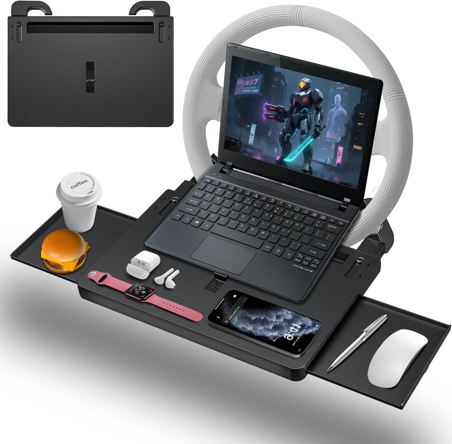 Steering Wheel Tray for Car Food and Laptop Use - Adjustable Table