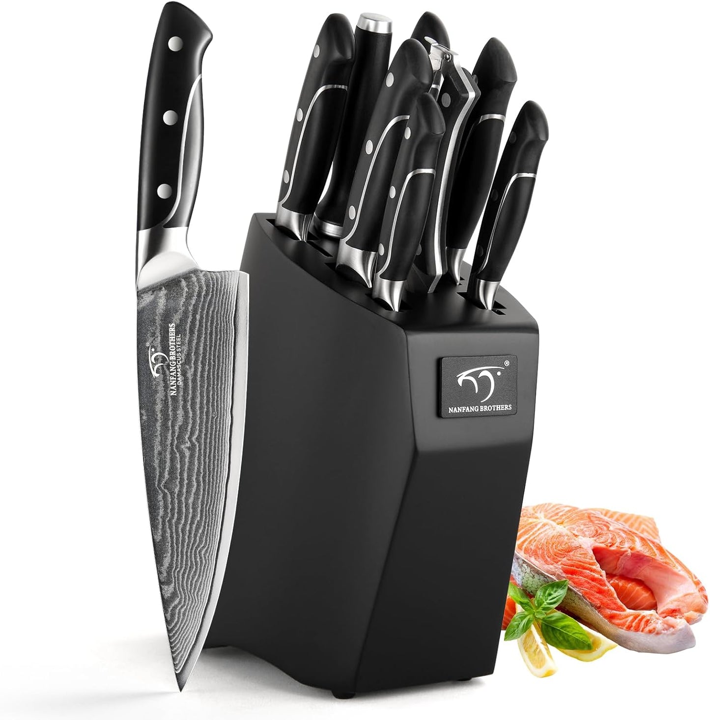 Damascus Kitchen Knife Set with Block - 9 Piece Professional Set