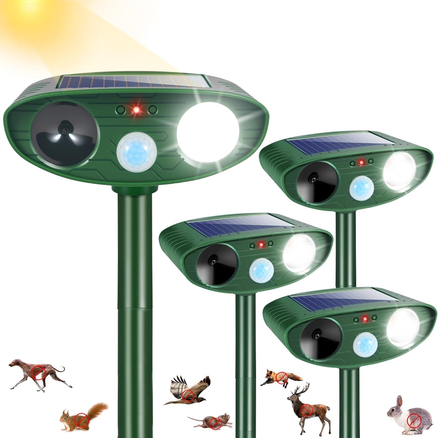 4Pack Solar Ultrasonic Animal Repellent Devices for Outdoor Use