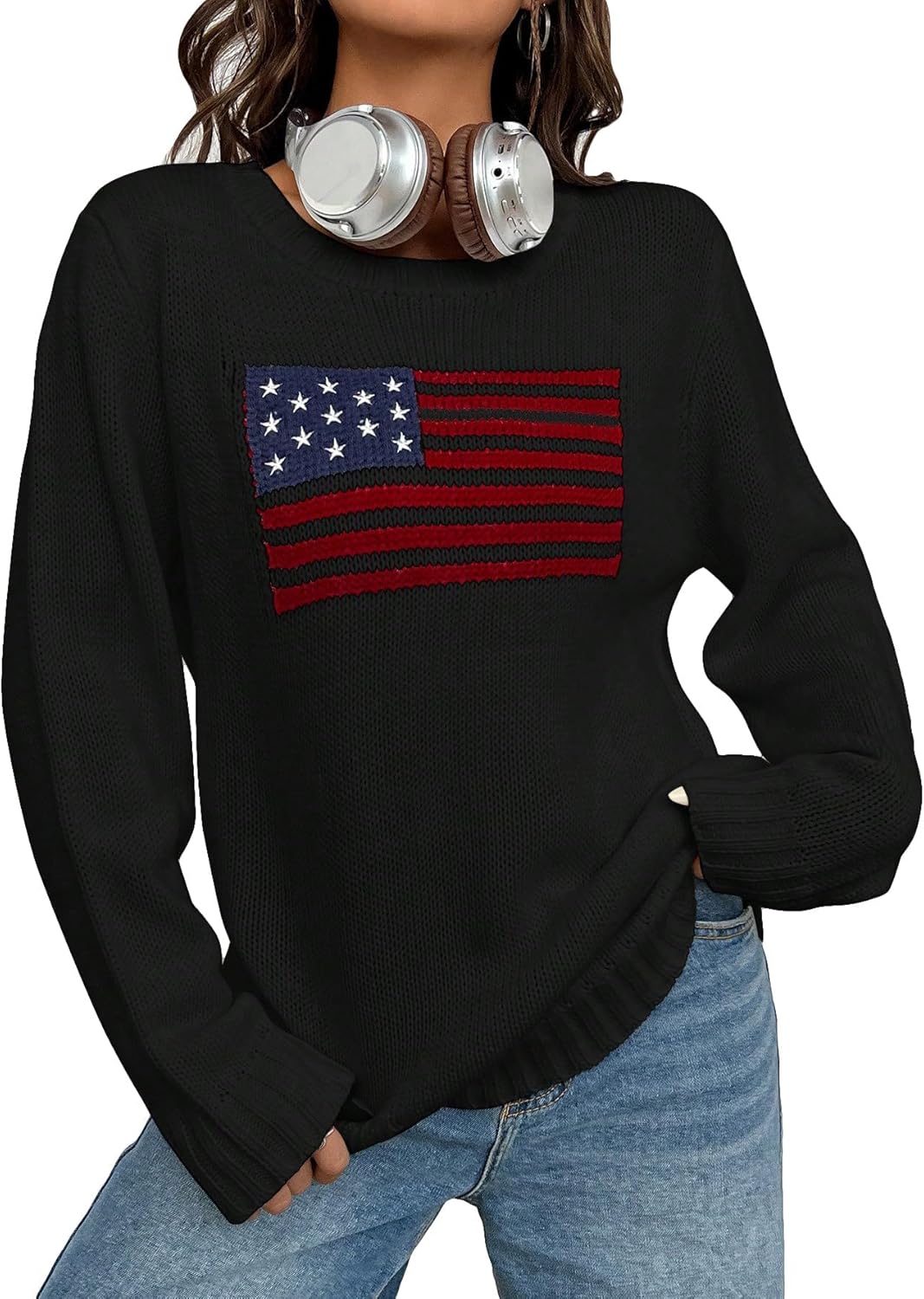 SweatyRocks Women's Flag Pattern Long Sleeve Pullover Sweater