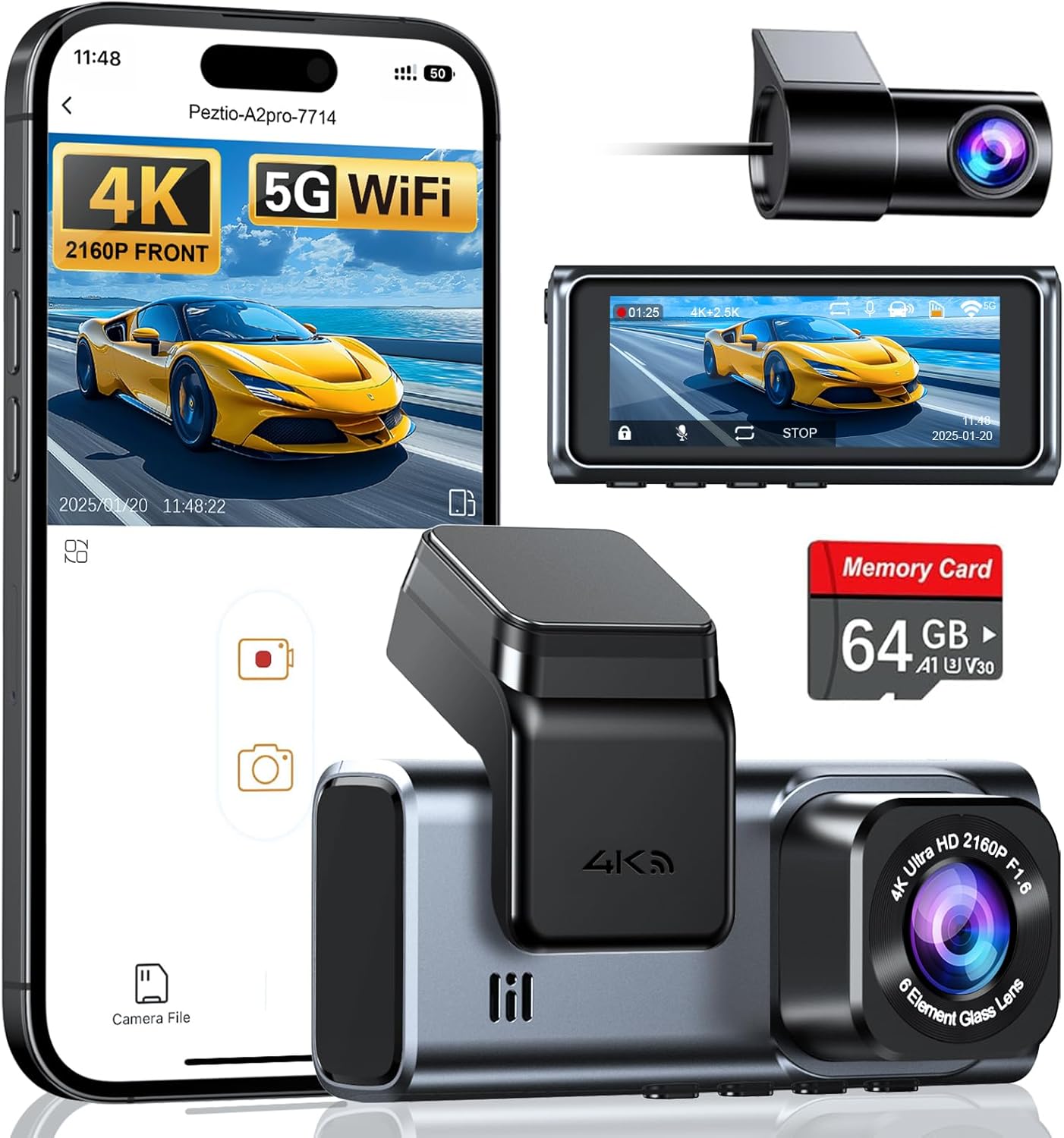 Navycrest Dual Dash Cam: 4K+2.5K Front/Rear, Built-in 5G WiFi, 64GB Card, G-Sensor