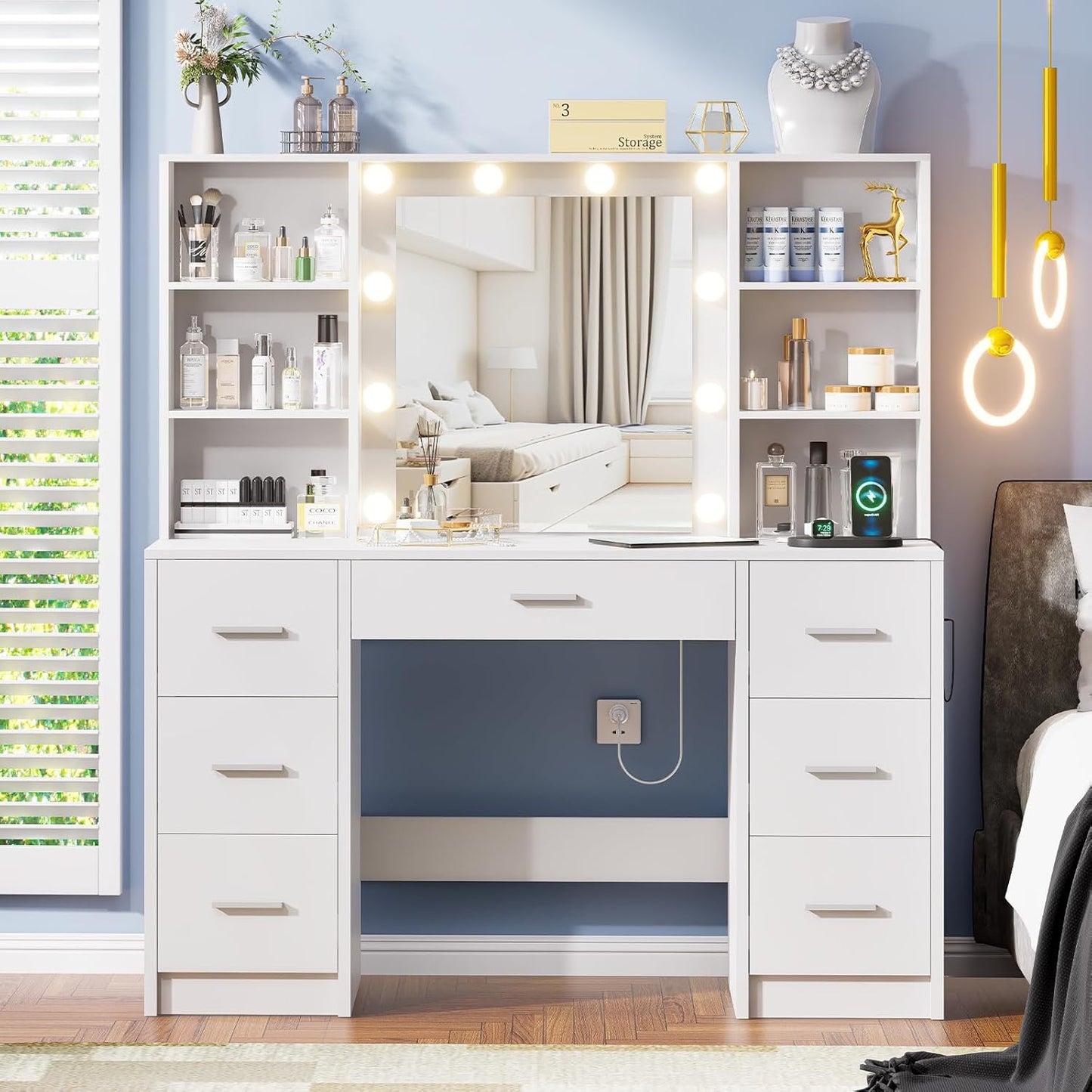 LED-Lit Vanity Desk with Power Outlet & Storage