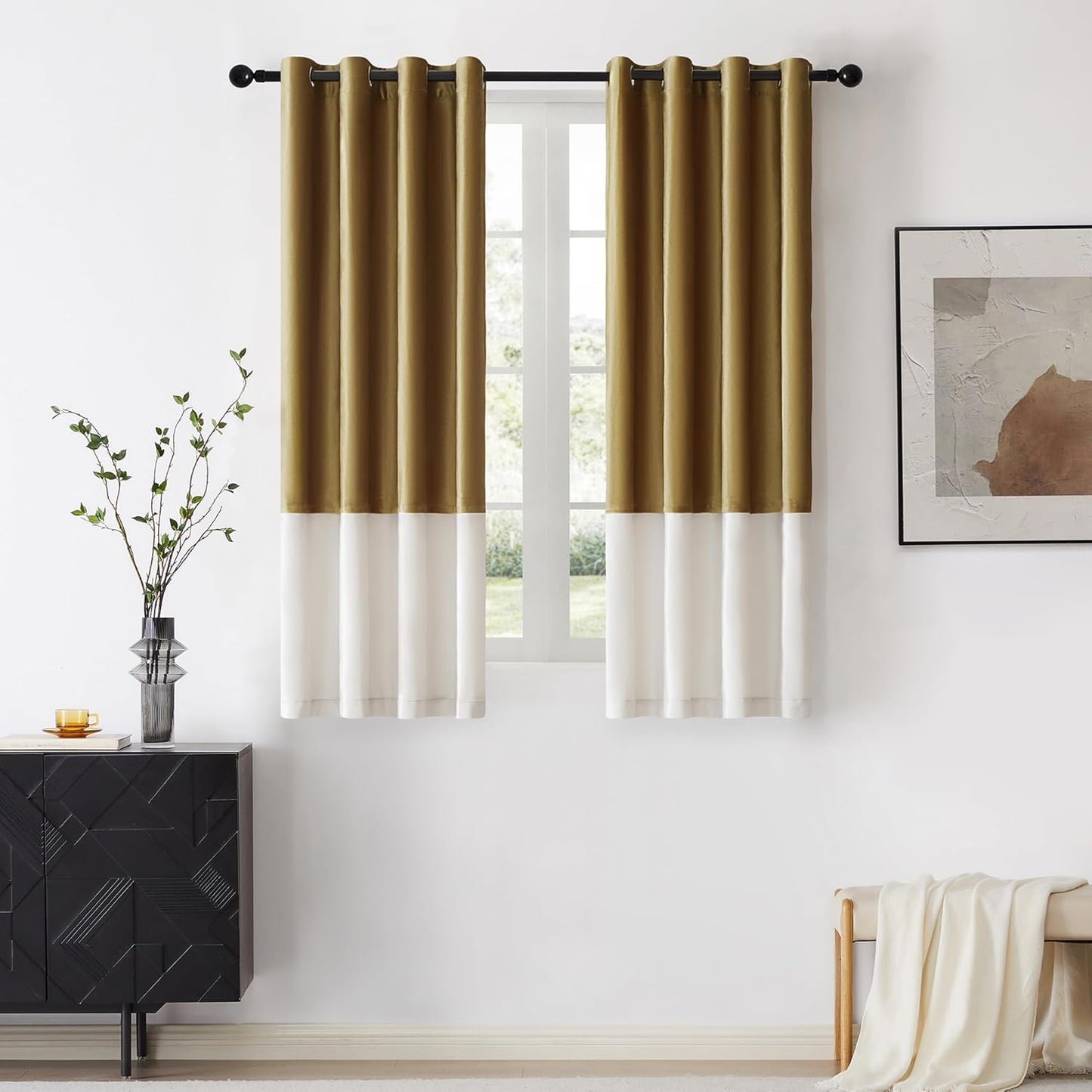 Luxurious Gold Ivory Velvet Color Block Window Curtains Panels