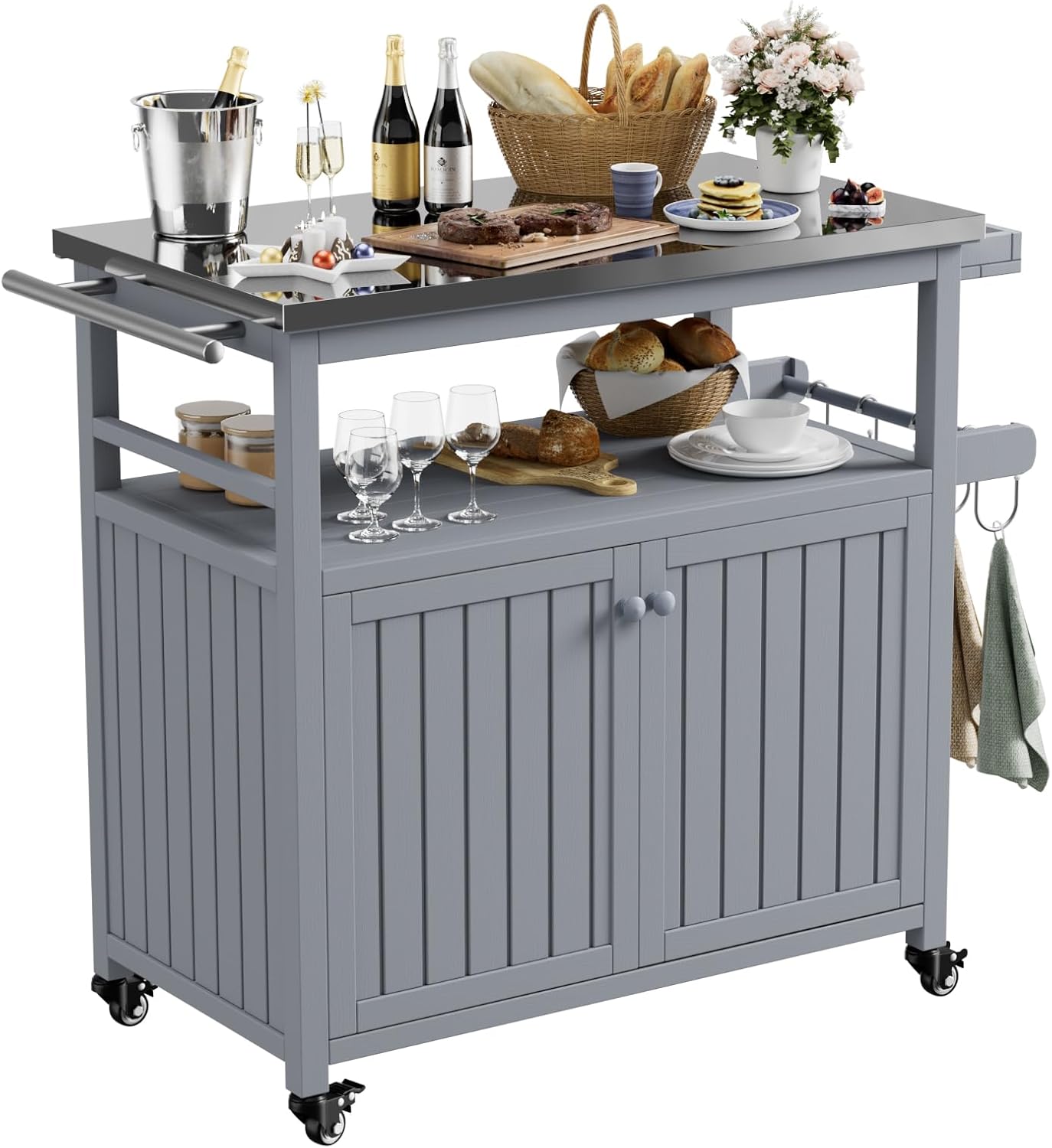 Solid Wood Outdoor Grill Table with Stainless Steel Top for BBQ