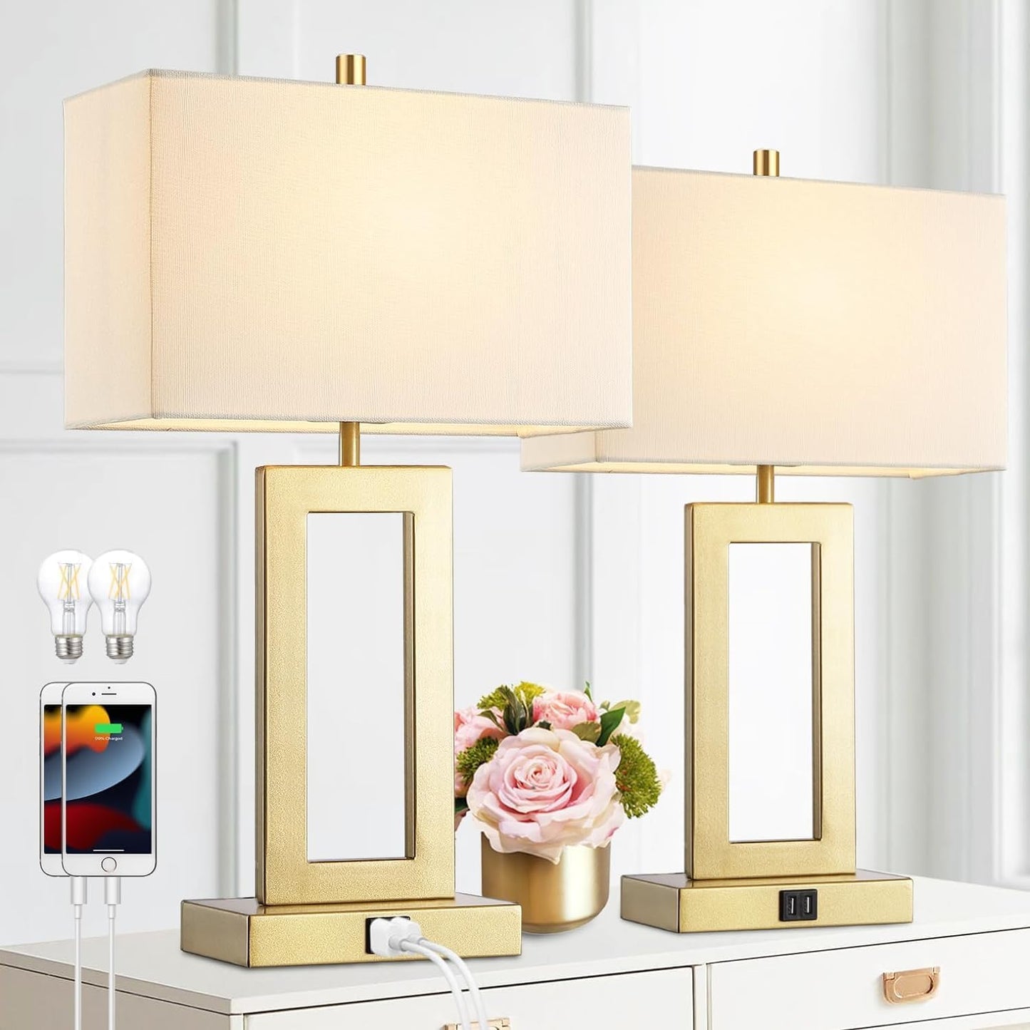 Gold Table Lamps Set of 2 with USB Ports and Dimmable Touch Control