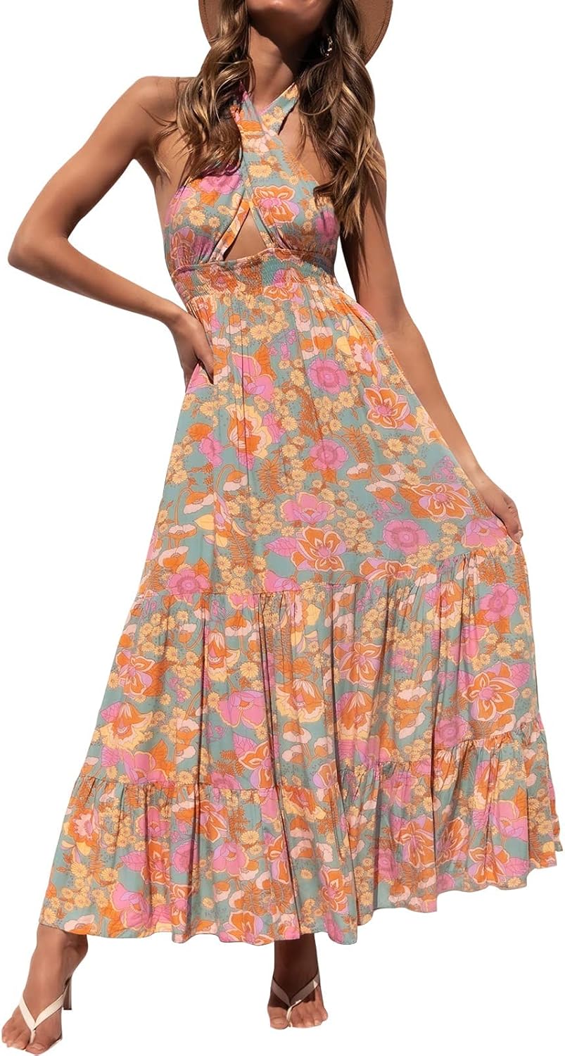 ZESICA Women's Summer Crossover Halter Neck Maxi Dress Review