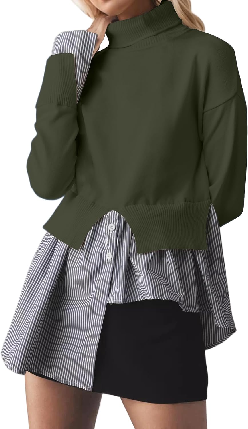 MISSACTIVER Women Slit Turtleneck Patchwork Sweater for Style