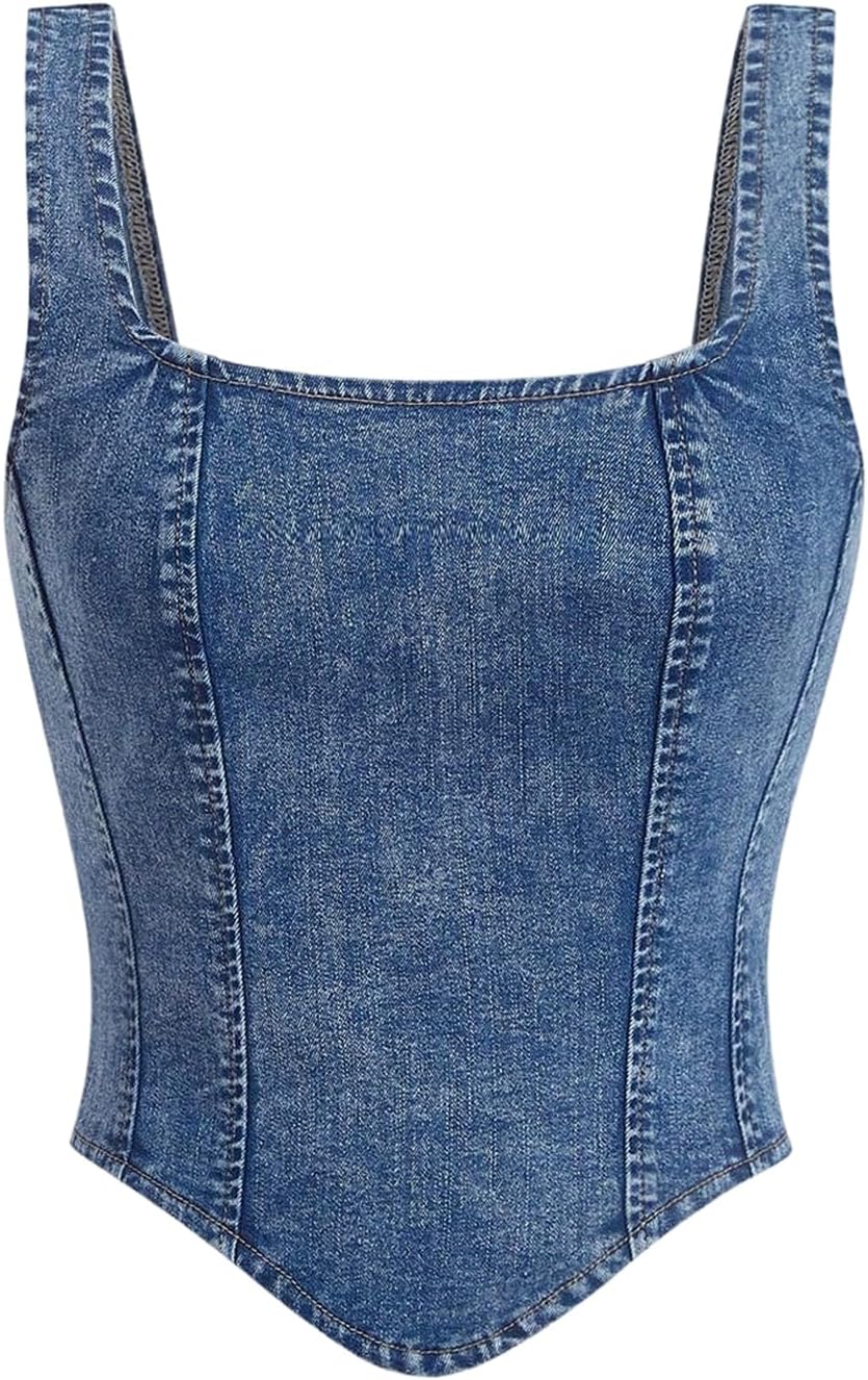 WDIRARA Women's Denim Corset Tank Top with Asymmetrical Hem