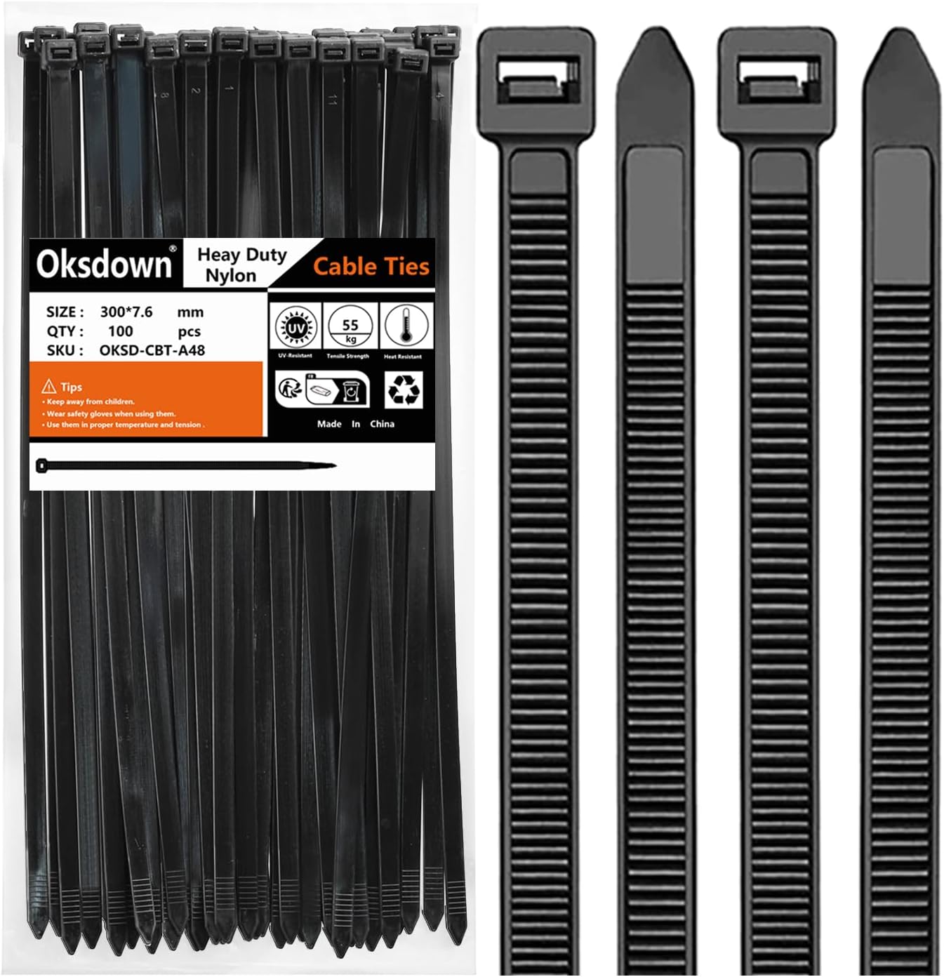 100 pack 12 Heavy Duty Black Zip Ties 120 lbs Strength by Oksdown