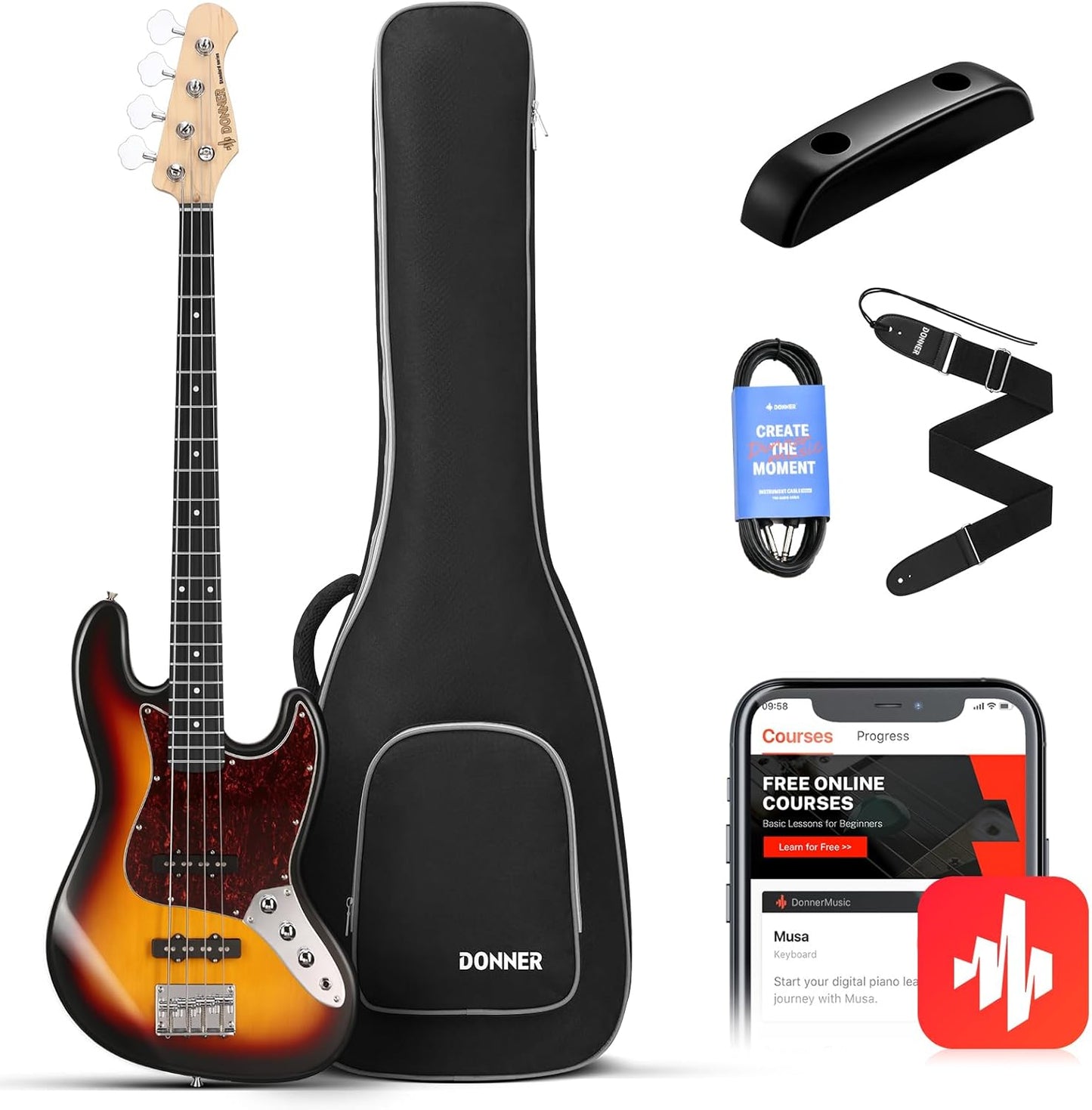 Donner Electric Bass Guitar Full-Size Beginner Kit with Accessories