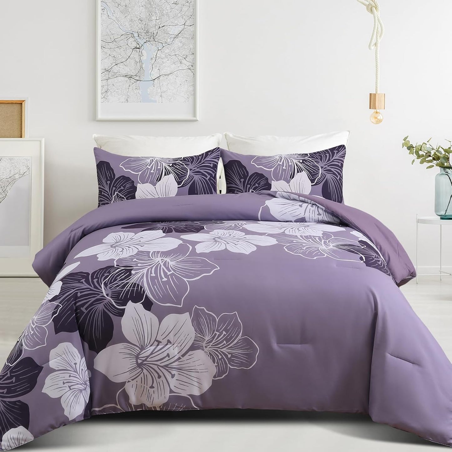 Menghomeus California King Comforter Set in Dark Purple Floral Design