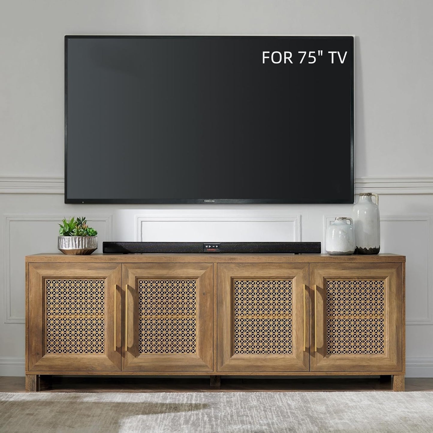 Boho Rustic TV Stand with Gold Doors, 75 TV, Storage, 69.5x15.6x24.8