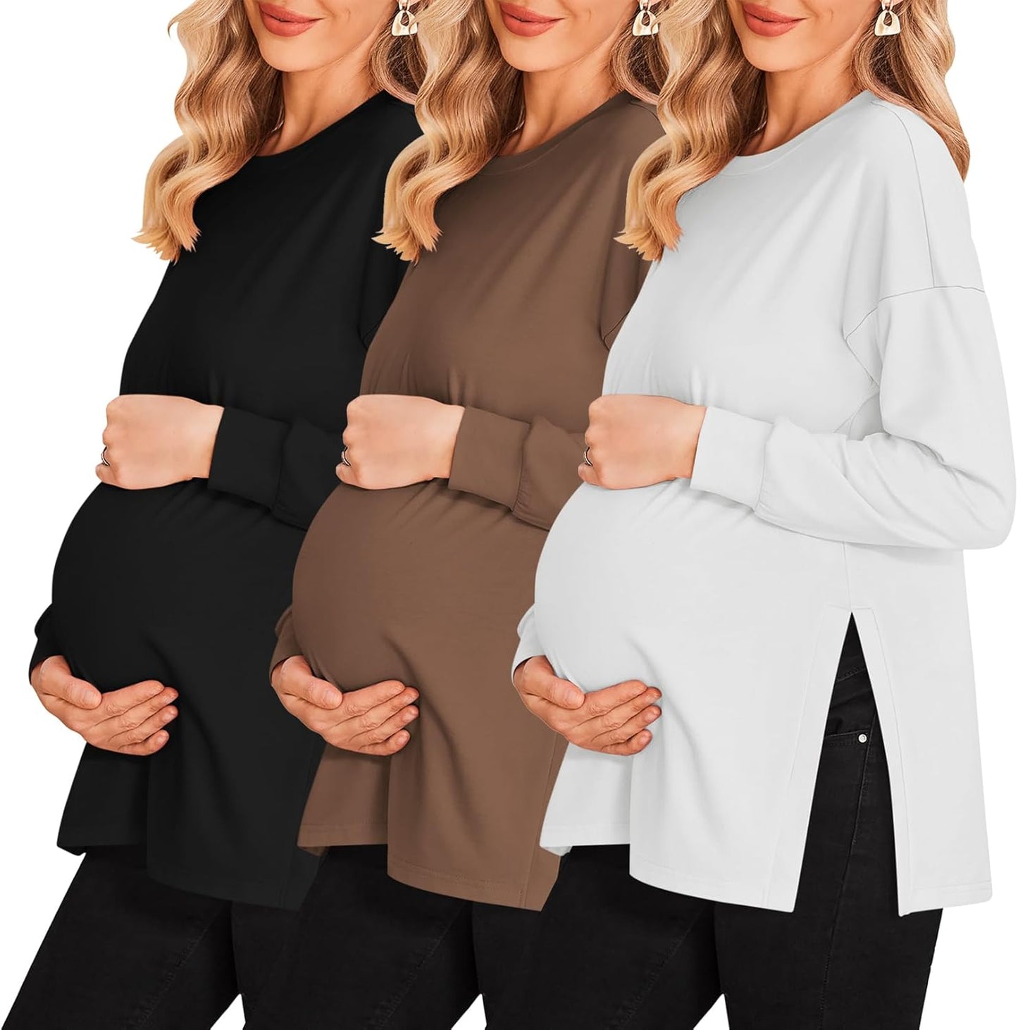 Ekouaer Maternity Shirts 3 Pack Long Sleeve Side Ruched Tops