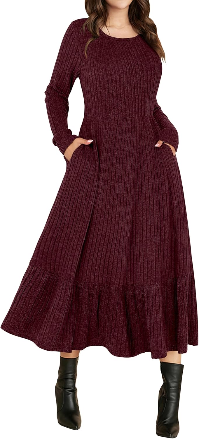 Womens Long Sleeve Midi Dress with Pocket for Casual Style