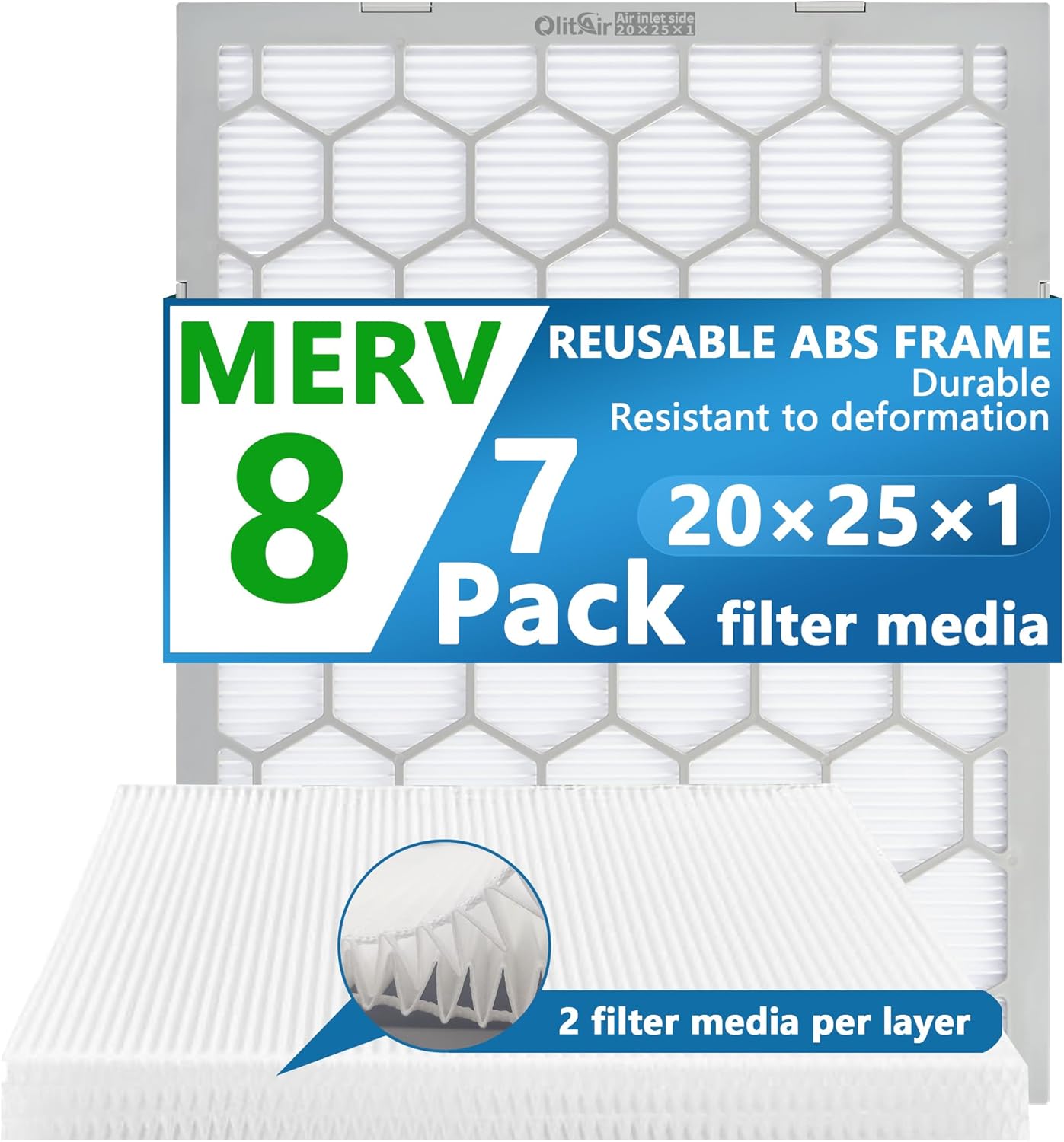 20x25x1 MERV 8 Air Filter with Reusable ABS Frame, 7 Pack