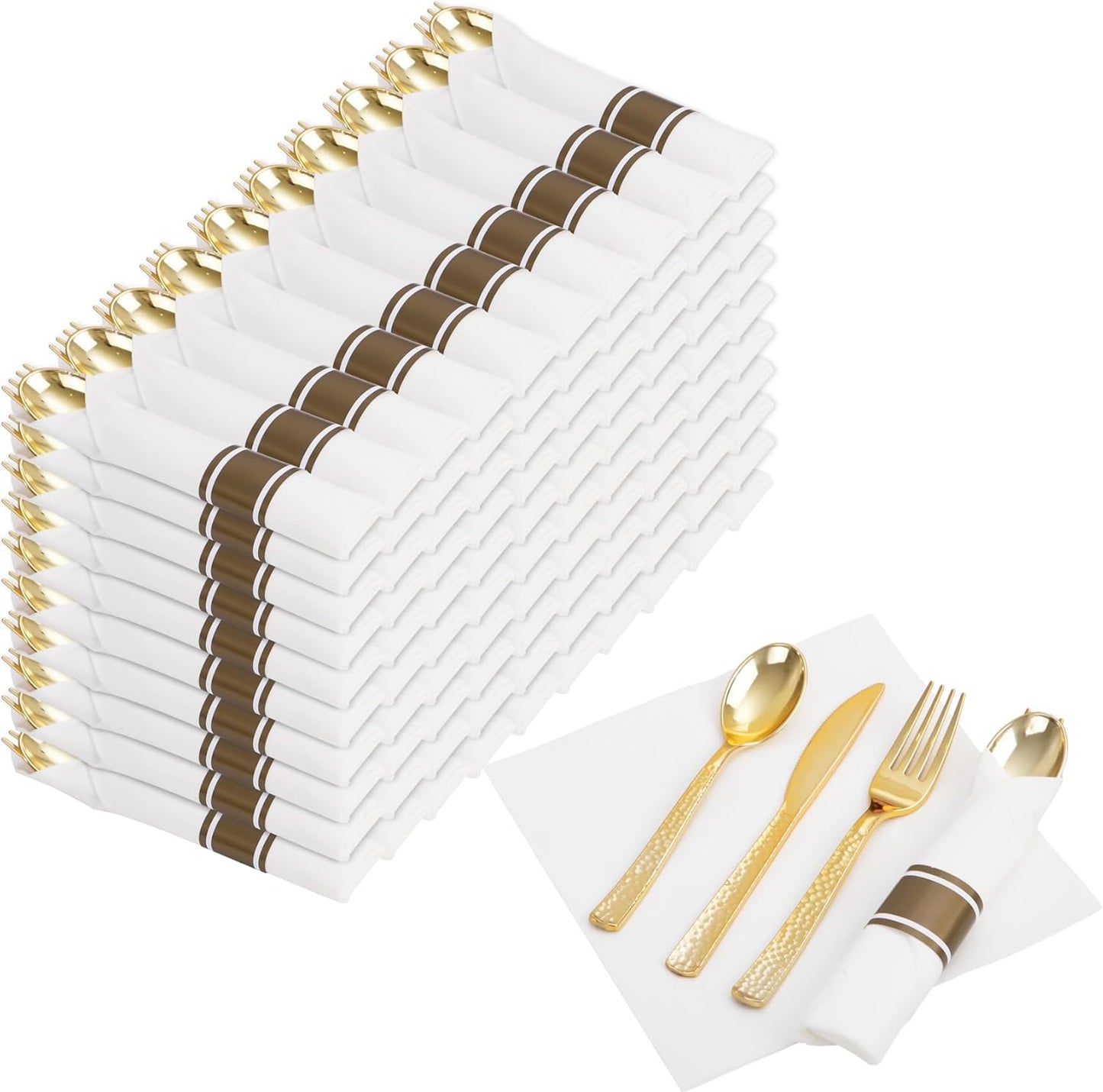 Nervure 400PCS Pre Rolled Gold Plastic Silverware Sets for Events