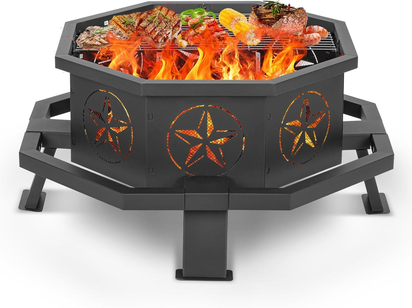 35 Inch Octagonal Fire Pit with Cooking Grill for Outdoor Fun