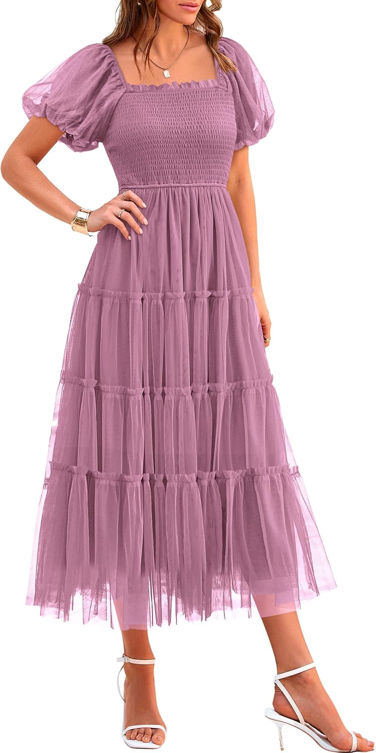 PRETTYGARDEN Women's Smocked Midi Tulle Dress for Summer Events