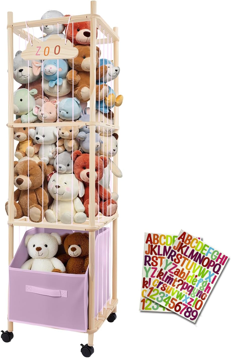 Wood Stuffed Animal Storage with Wheels for Kids' Rooms