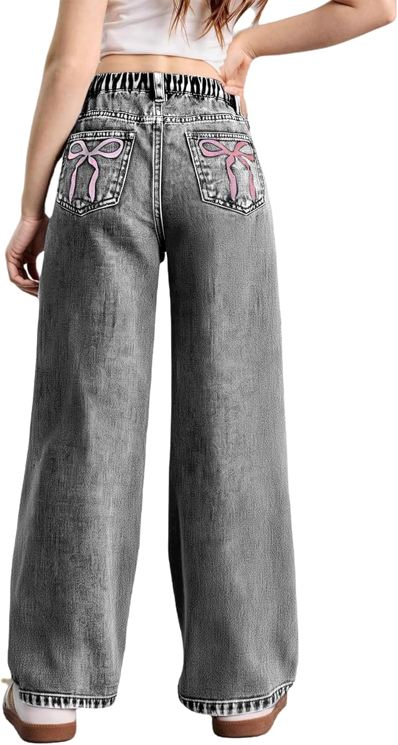 WDIRARA Girl's Bow Print High Waist Denim Pants for Stylish Look