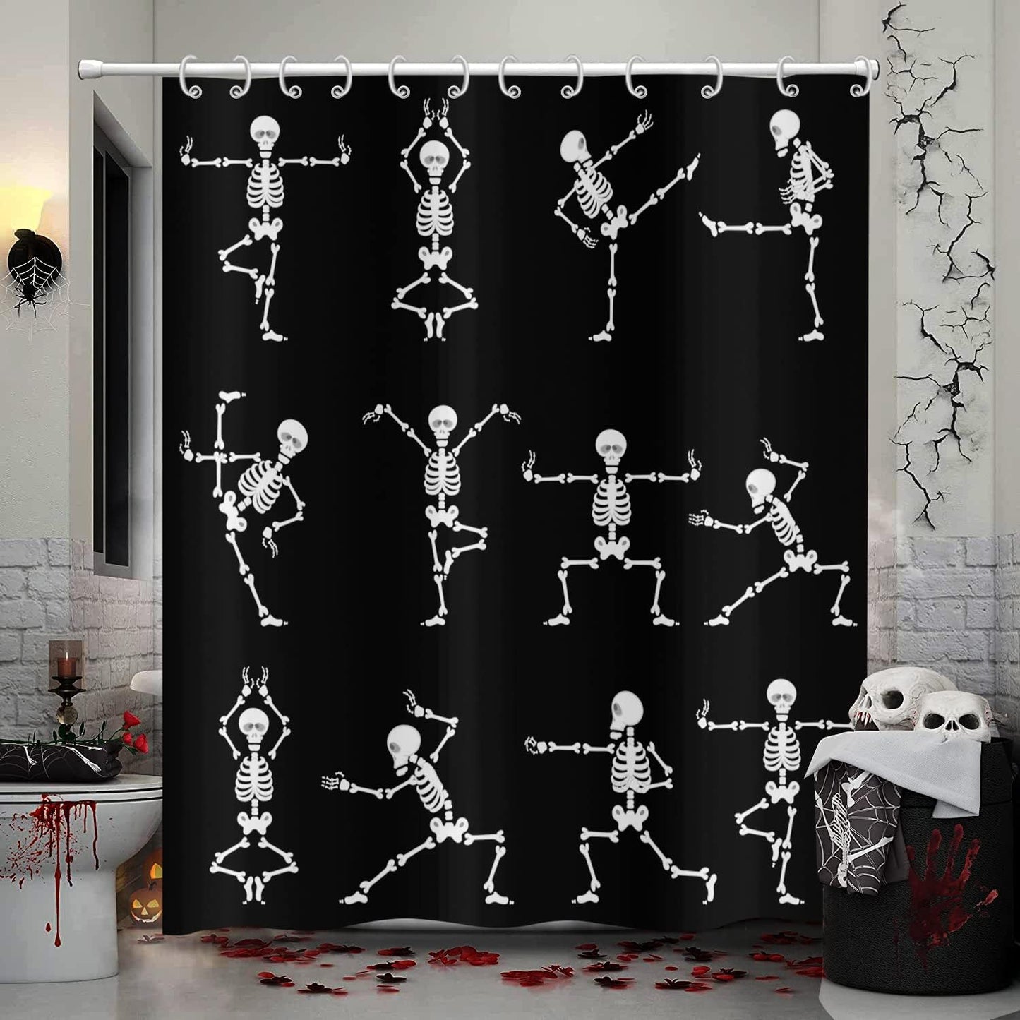 Cartoon Skull Skeleton Halloween Shower Curtain - Waterproof & Machine Washable - 72x72
