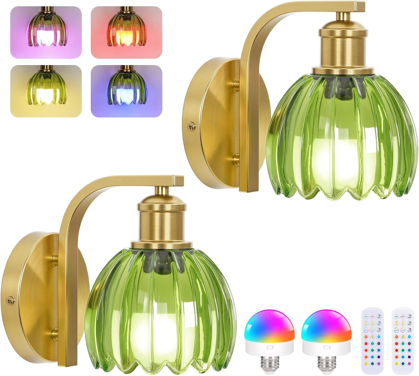 Rechargeable Battery Operated Wall Sconce Set with Green Glass