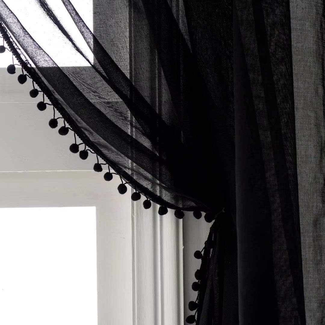 Linen Look Pom Pom Tasseled Sheer Curtains for Living Room
