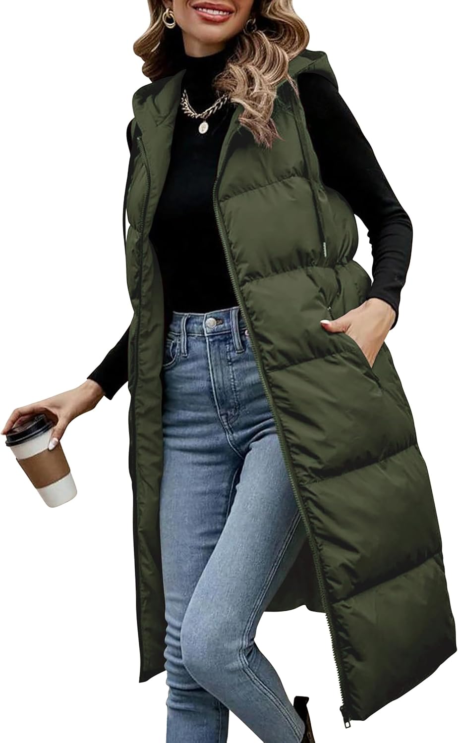 Long Puffer Vest for Women - Quilted Hooded Sleeveless Jacket