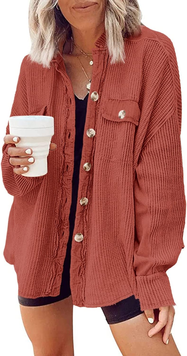 Waffle Knit Tops for Women - Stylish Long Sleeve Shackets
