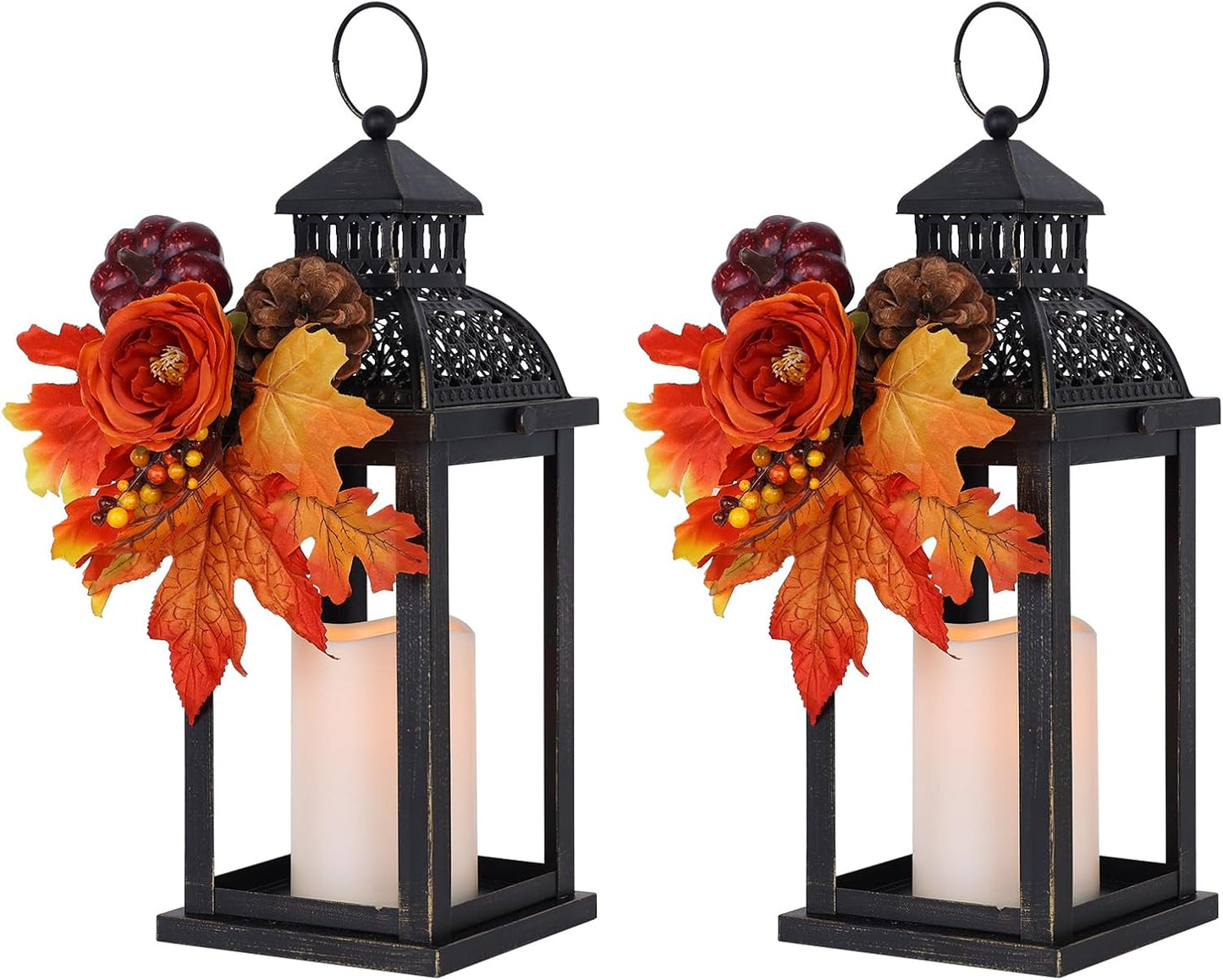 Fall Lantern Indoor Outdoor Decor with LED Candle and Wreath