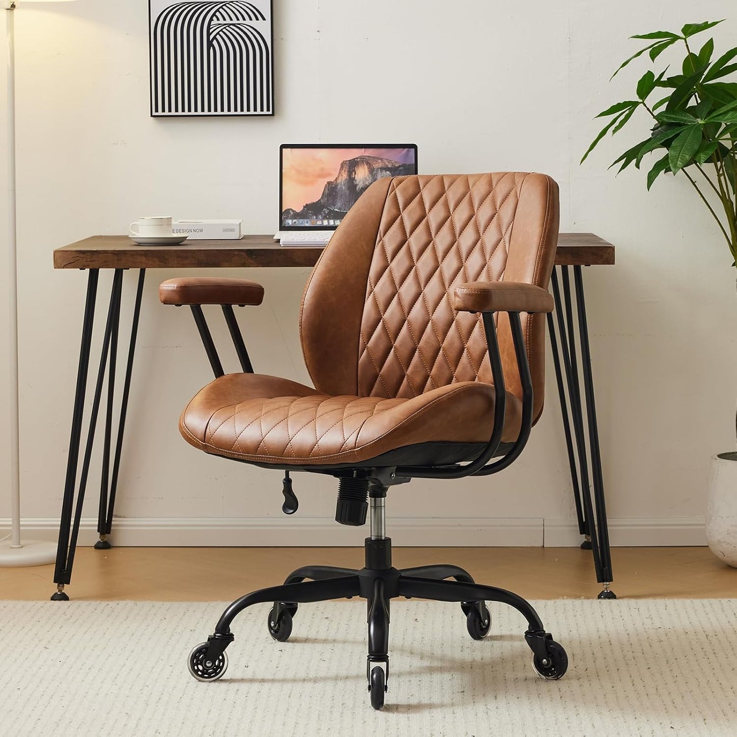 YFO Brown Leather Ergonomic Office Chair Lumbar Support