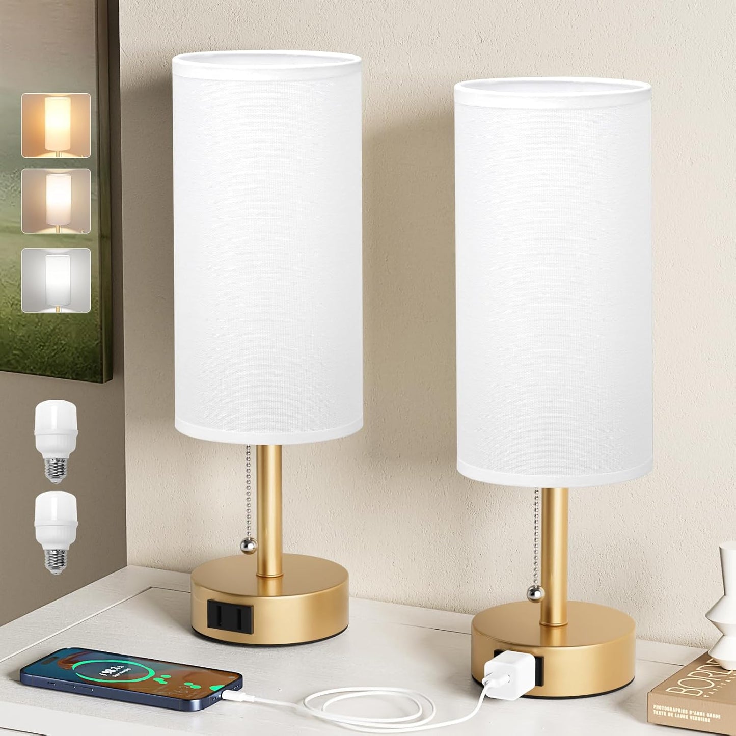 Gold Bedside Table Lamps Set of 2 with AC Outlet and Pull Chain