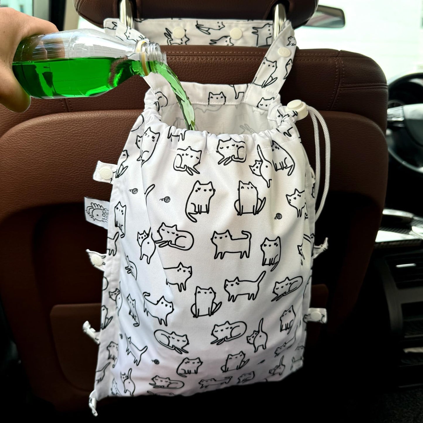 FLOCK THREE Leak-Proof Car Trash Bag - Cute Organizer for Cars & SUVs