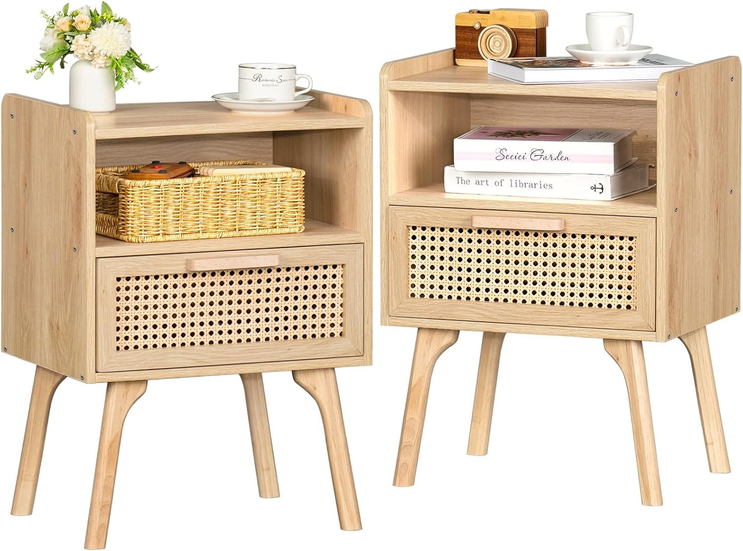 Rattan Nightstands Set of 2 with Drawer and Open Shelf Design