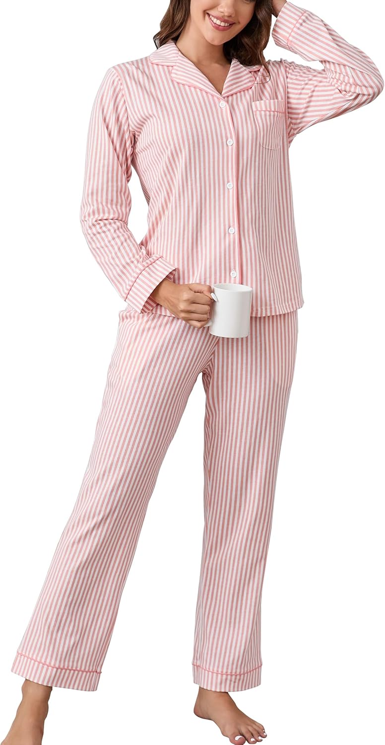 LUBOT 100% Cotton Pajamas for Women Soft Button-Down Set