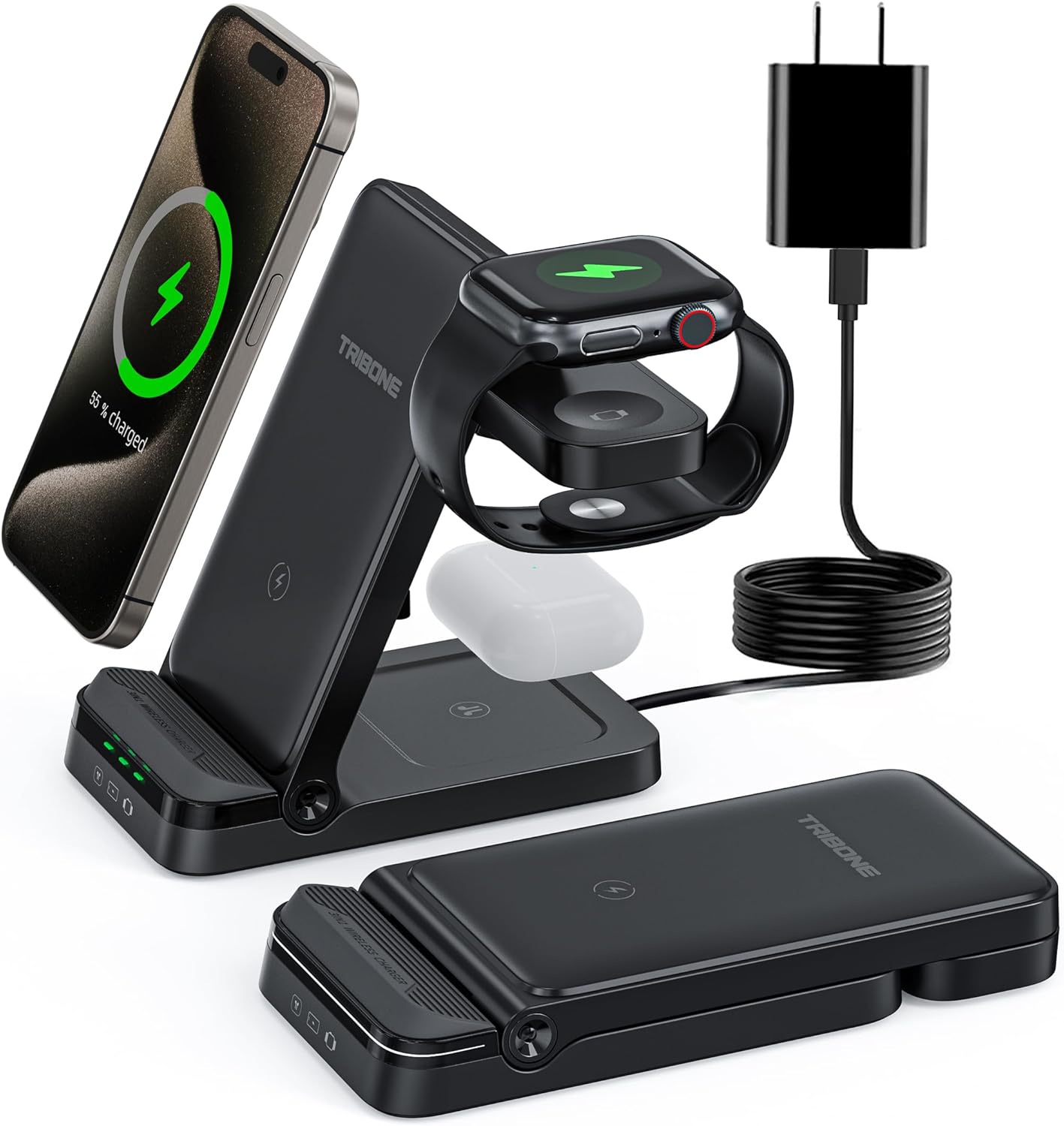 TRIBONE 3-in-1 Fast Wireless Charger for iPhones & More - Black