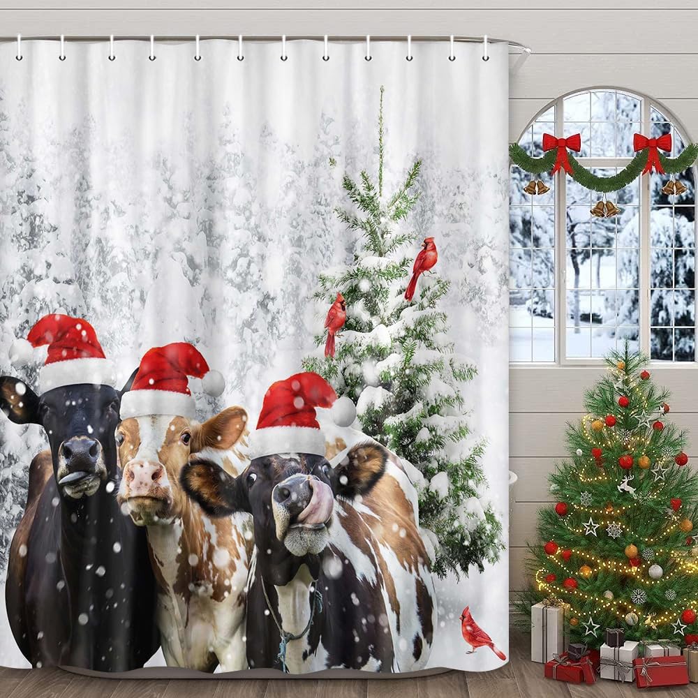 Winter Forest Snowflake Shower Curtain Set - Waterproof Fabric, Cute Cows Design, 70x70IN