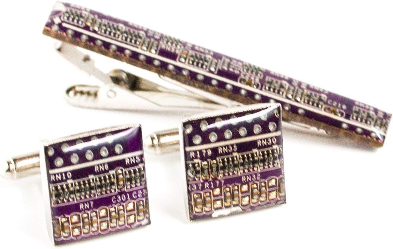 Recycled Circuit Board Cufflinks and Tie Clip Set for Men