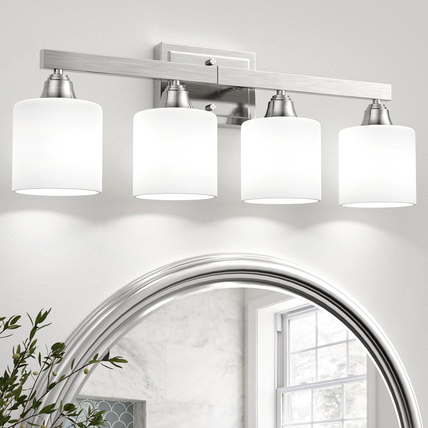 Modern 4-Light Bathroom Vanity Light Fixtures with Milky Glass Shades