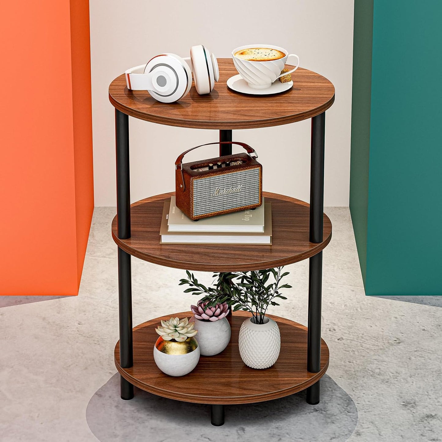 Small Round Side Table - 3-Tier Rustic Wood Accent Table
