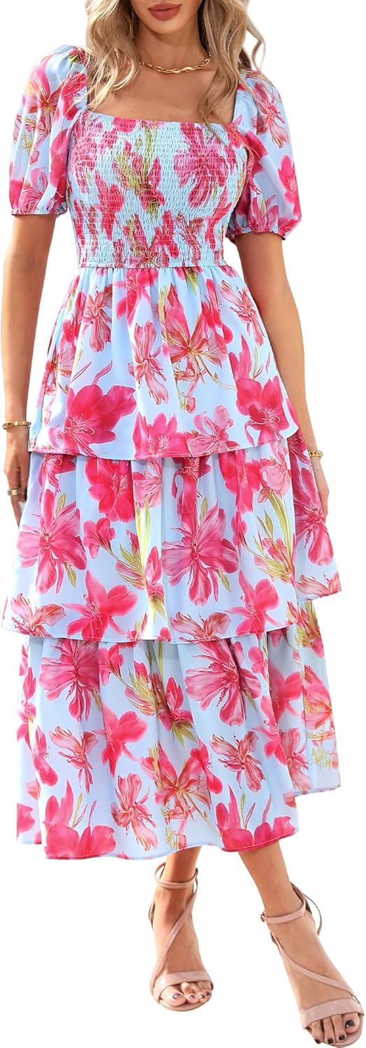 BTFBM Womens Square Neck Smocked Dress for Summer Events