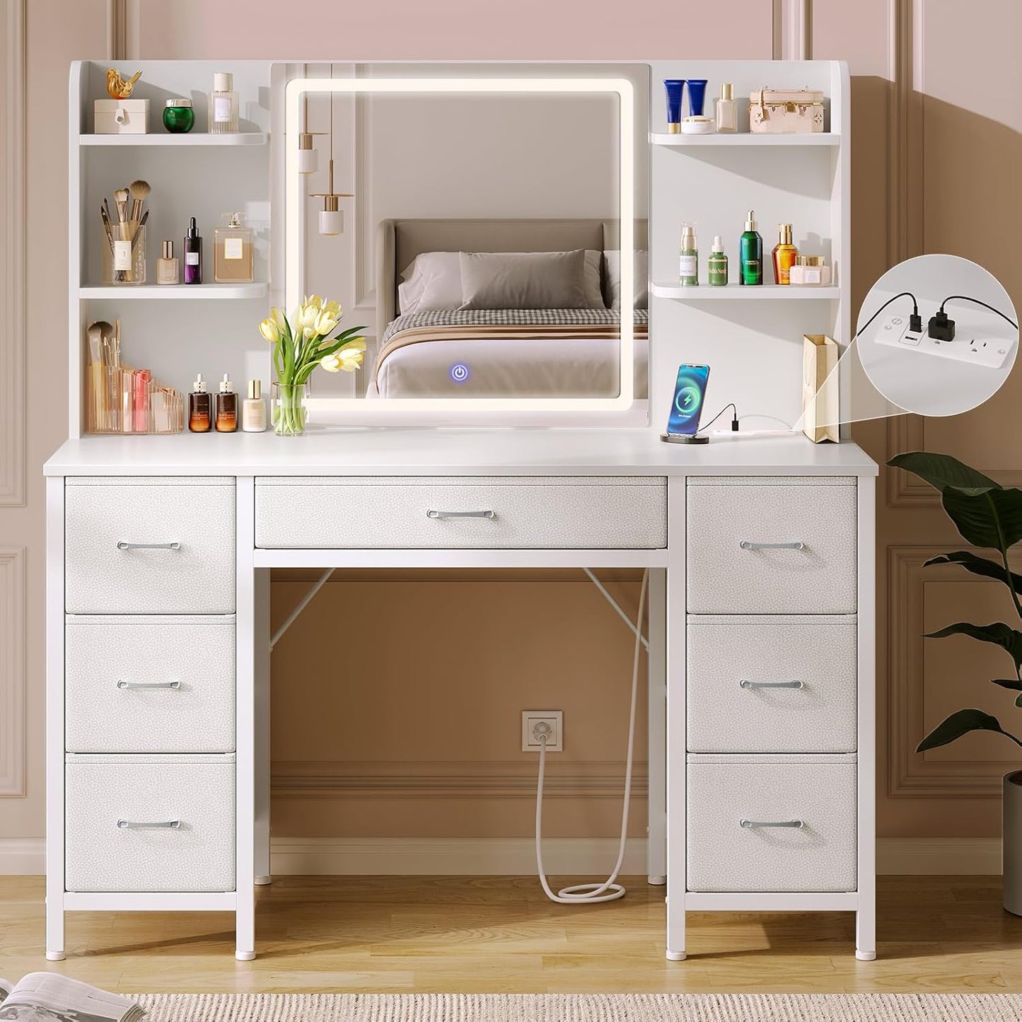Rolanstar White Vanity Desk: Lighted Mirror, Power Outlet, 7 Drawers, 6 Shelves