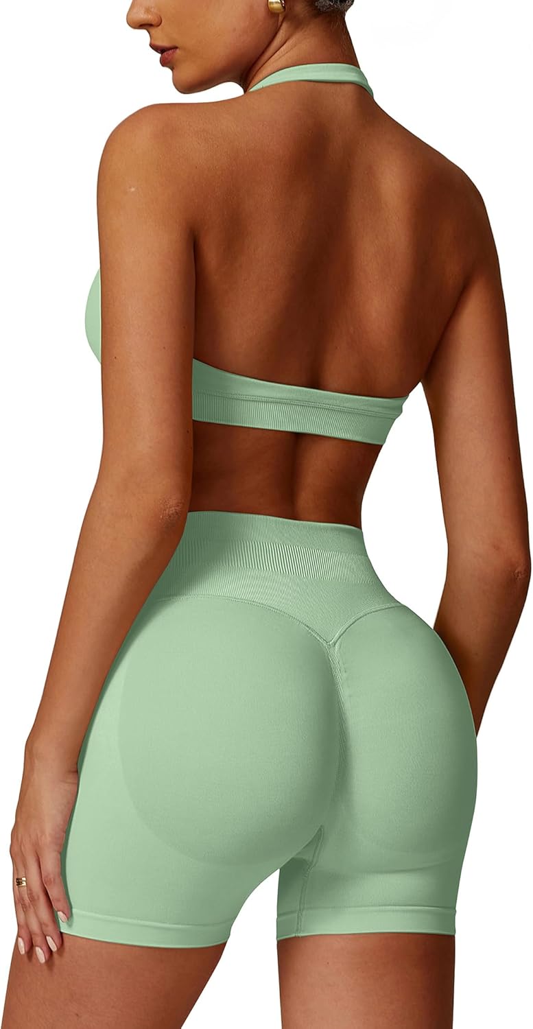 ABOCIW Workout Sets for Women: Seamless Halter Sports Bra & Shorts