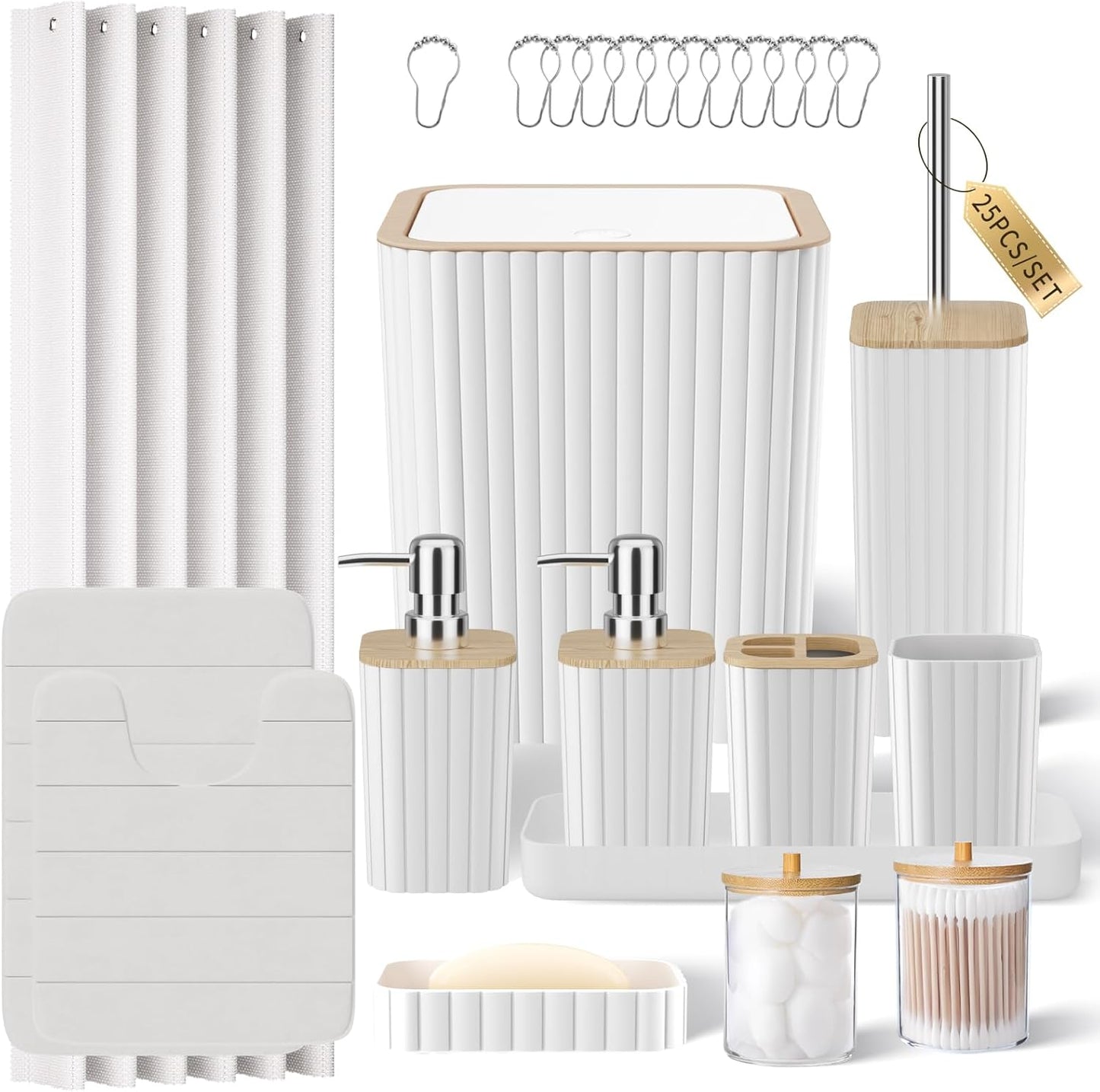 25PC White Bathroom Set with Shower Curtain and Rugs for Home